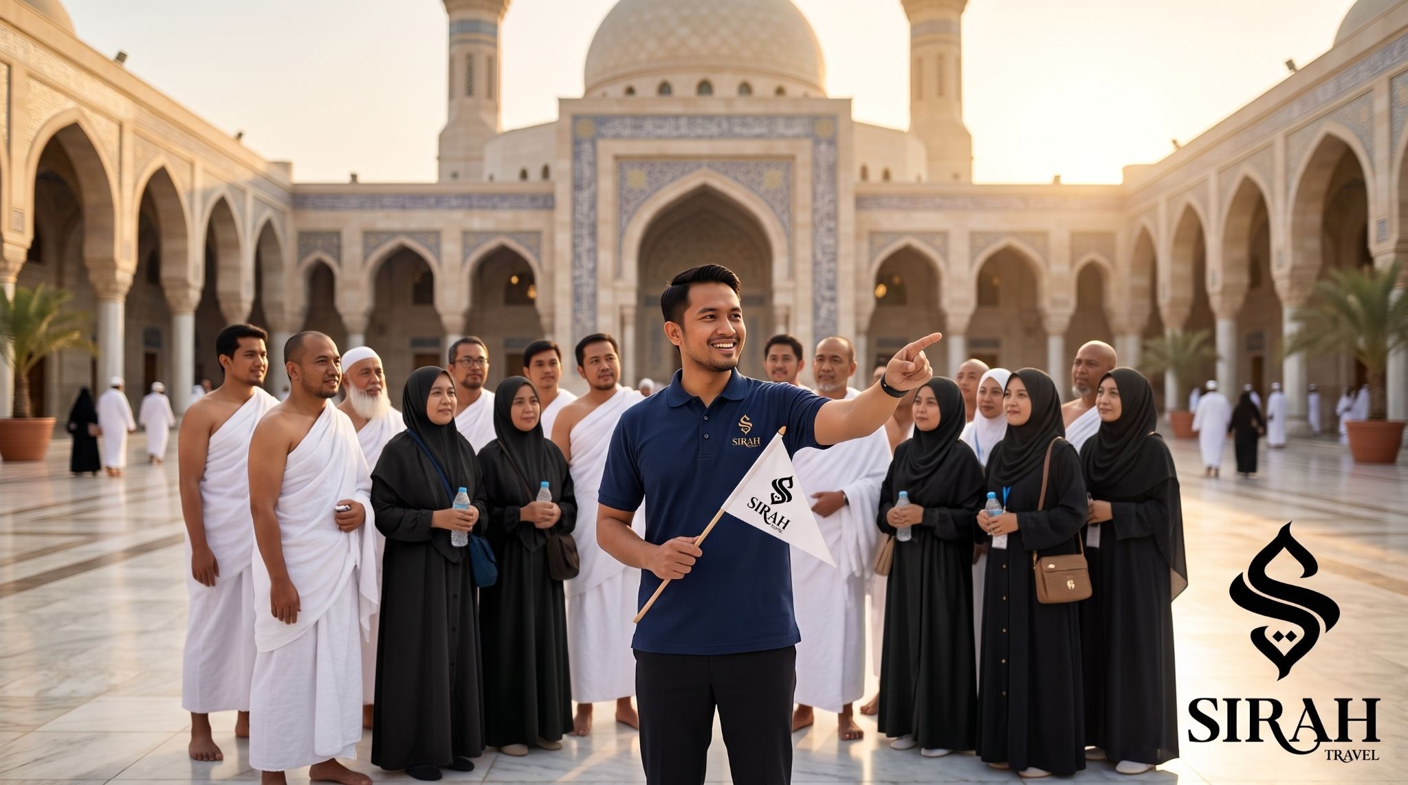 Sirah Travel Tour leader umroh sedang memberikan arahan kepada rombongan jamaah di pelataran masjid