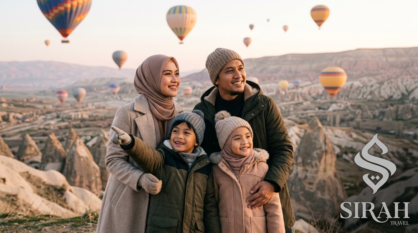 Sirah Travel Jamaah keluarga Indonesia menikmati pemandangan balon udara di Cappadocia saat mengikuti program umroh plus Turki